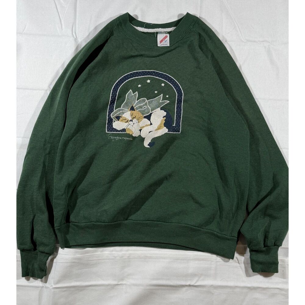 Vintage Jerzees USA Green Sleeping Cat Bow Graphic Crewneck Sweatshirt L - Picture 4 of 4